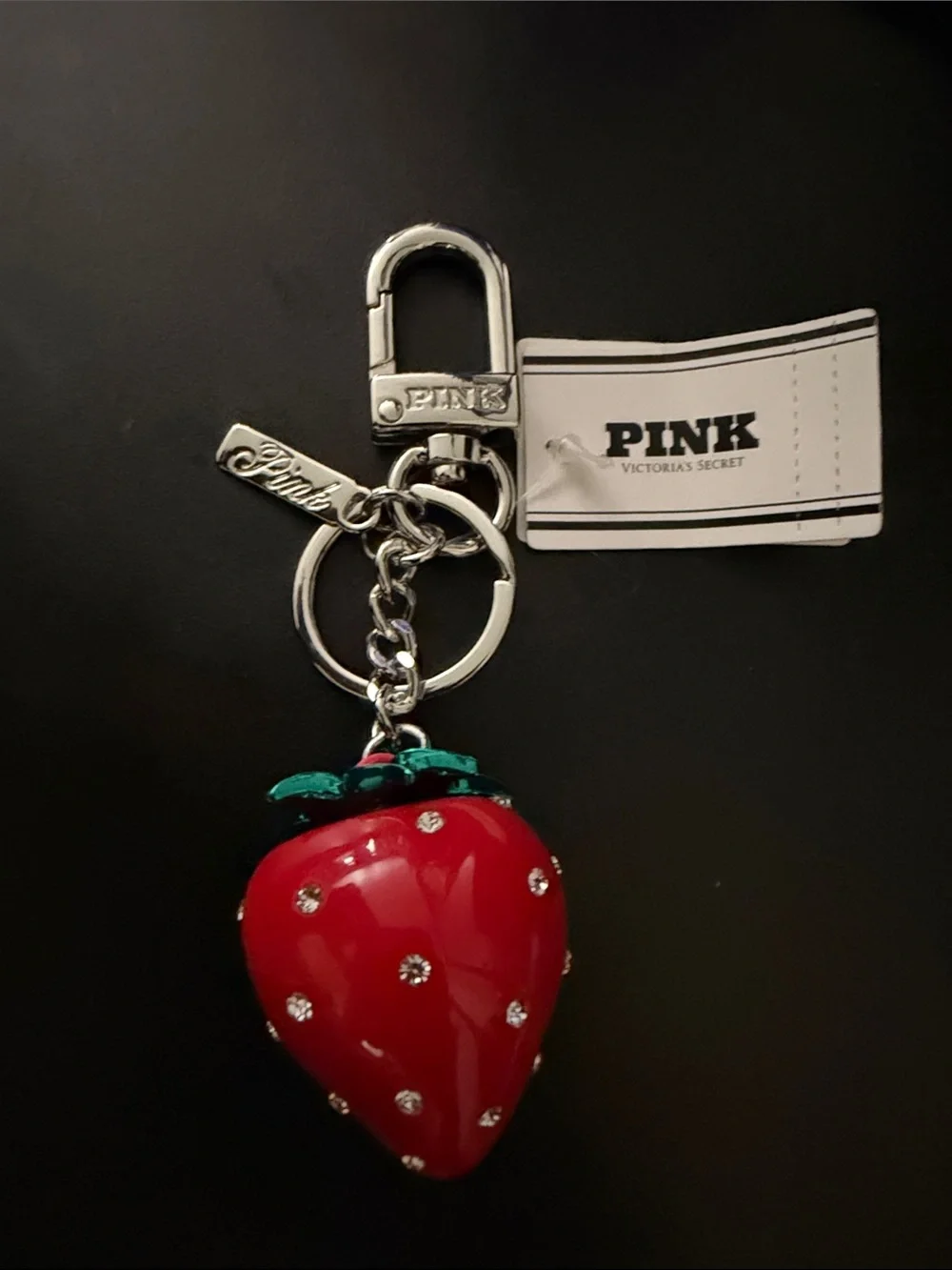 PINK Victoria's Secret Red Rhinestone Strawberry Keychain